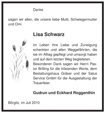 Traueranzeige von Lisa Schwarz von ALLGEMEINE ZEITUNG UELZEN