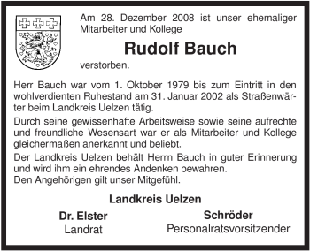 Traueranzeige von Rudolf Bauch von ALLGEMEINE ZEITUNG UELZEN