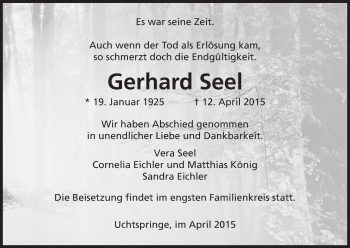 Traueranzeige von Gerhard Seel von Uelzen