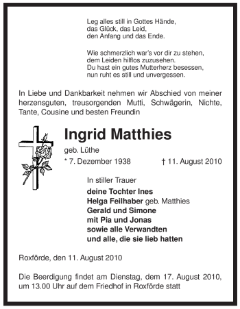 Traueranzeige von Ingrid Matthies von ALLGEMEINE ZEITUNG UELZEN