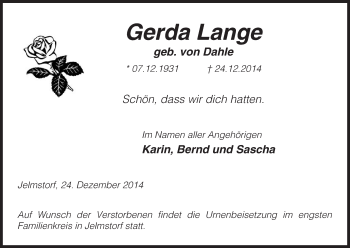 Traueranzeige von Gerda Lange von Uelzen