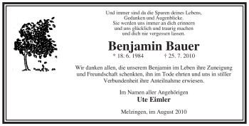 Traueranzeige von Benjamin Bauer von ALLGEMEINE ZEITUNG UELZEN
