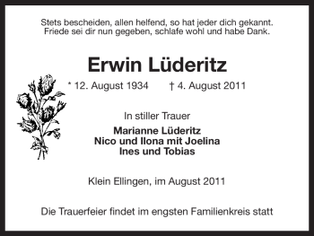 Traueranzeige von Erwin Lüderitz von ALLGEMEINE ZEITUNG UELZEN