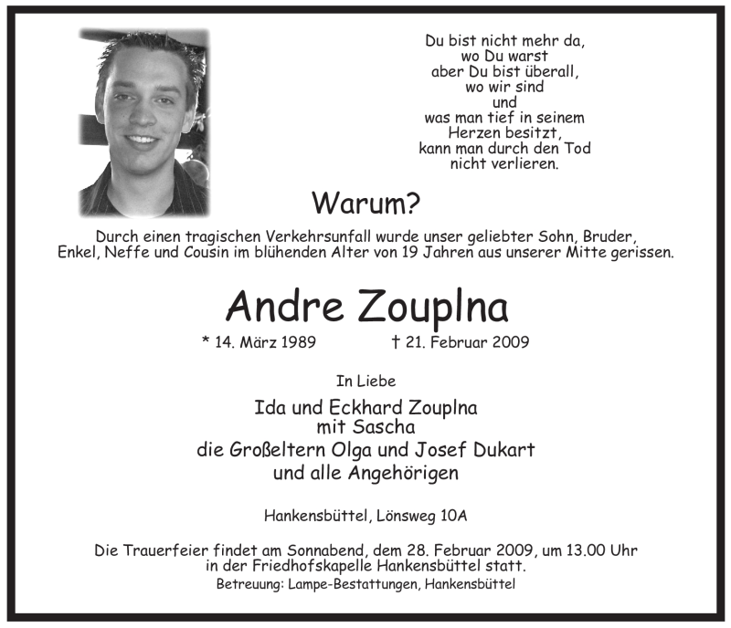  Traueranzeige für Andre Zouplna vom 24.02.2009 aus ALLGEMEINE ZEITUNG UELZEN