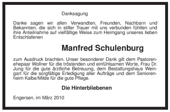 Traueranzeige von Manfred Schulenburg von ALLGEMEINE ZEITUNG UELZEN