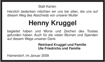 Traueranzeige von Henny Kruggel von ALLGEMEINE ZEITUNG UELZEN