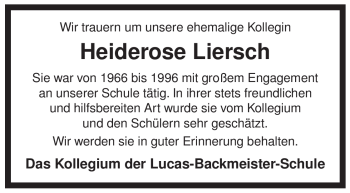 Traueranzeige von Heiderose Liersch von ALLGEMEINE ZEITUNG UELZEN