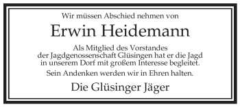 Traueranzeige von Erwin Heidemann von ALLGEMEINE ZEITUNG UELZEN