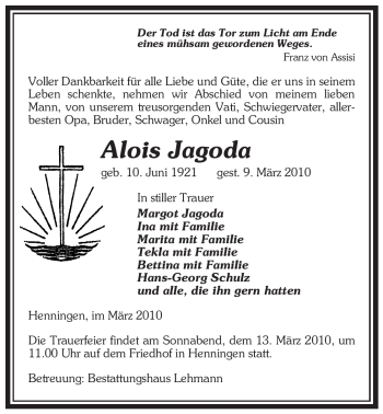 Traueranzeige von Alois Jagoda von ALLGEMEINE ZEITUNG UELZEN