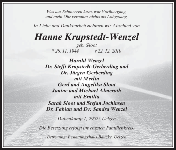Traueranzeige von Hanne Krupstedt-Wenzel von ALLGEMEINE ZEITUNG UELZEN