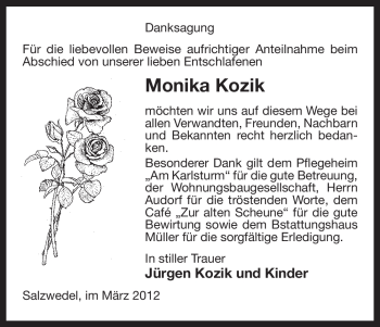 Traueranzeige von Monika Kozik von ALLGEMEINE ZEITUNG UELZEN