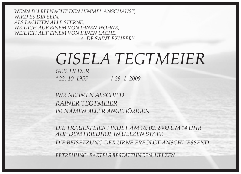  Traueranzeige für Gisela Tegtmeier vom 12.02.2009 aus ALLGEMEINE ZEITUNG UELZEN