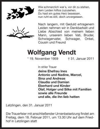 Traueranzeige von Wolfgang Vendt von ALLGEMEINE ZEITUNG UELZEN