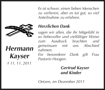Traueranzeige von Hermann Kayser von ALLGEMEINE ZEITUNG UELZEN