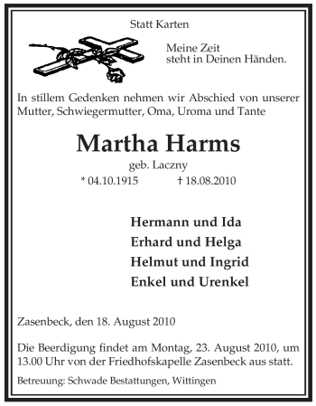 Traueranzeige von Martha Harms von ALLGEMEINE ZEITUNG UELZEN