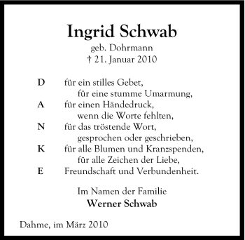 Traueranzeige von Ingrid Schwab von ALLGEMEINE ZEITUNG UELZEN