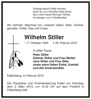 Traueranzeige von Wilhelm Stiller von ALLGEMEINE ZEITUNG UELZEN