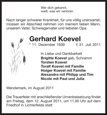 Traueranzeige von Gerhard Koevel von ALLGEMEINE ZEITUNG UELZEN