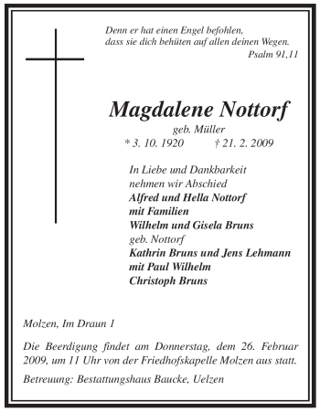 Traueranzeige von Magdalene Nottorf von ALLGEMEINE ZEITUNG UELZEN