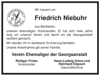 Traueranzeige von Friedrich Niebuhr von ALLGEMEINE ZEITUNG UELZEN