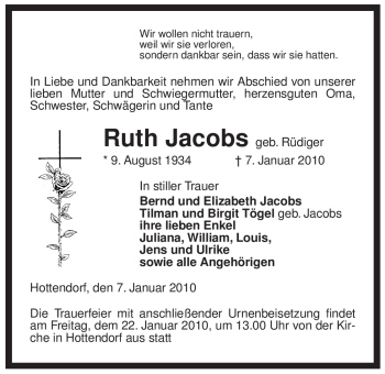 Traueranzeige von Ruth Jacobs von ALLGEMEINE ZEITUNG UELZEN