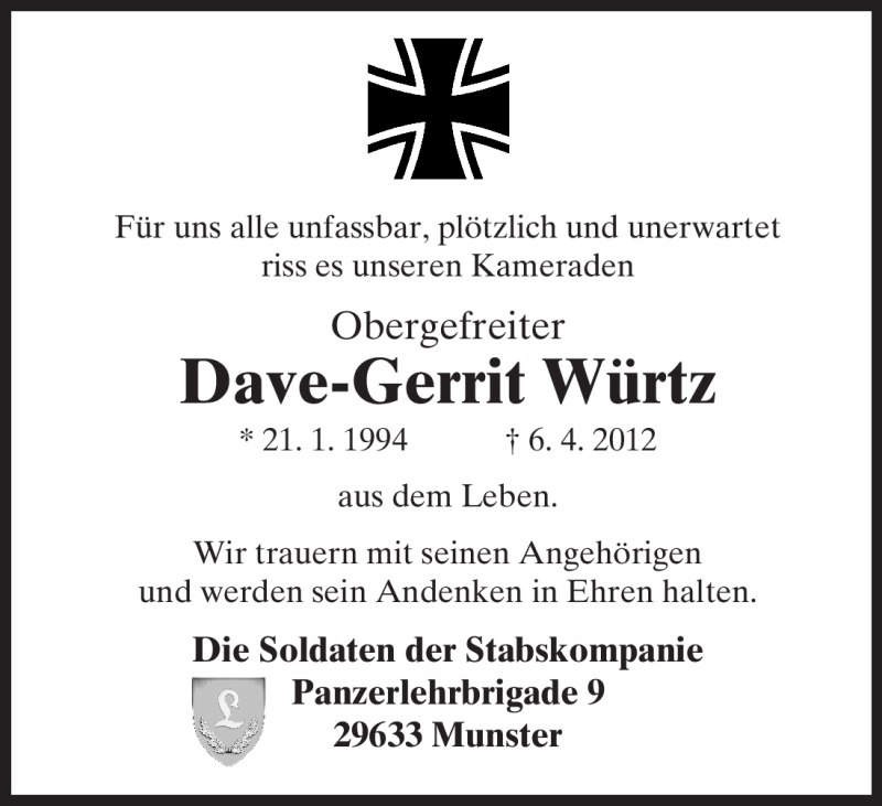  Traueranzeige für Dave-Gerrit Würtz vom 13.04.2012 aus ALLGEMEINE ZEITUNG UELZEN