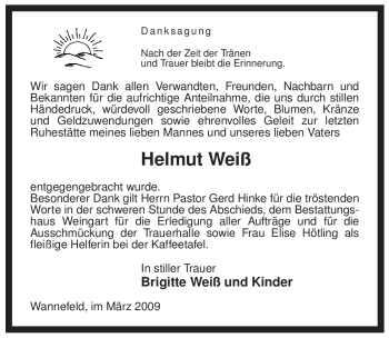 Traueranzeige von Helmut Weiß von ALLGEMEINE ZEITUNG UELZEN