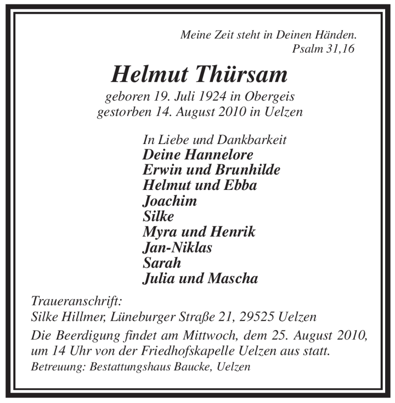  Traueranzeige für Helmut Thürsam vom 21.08.2010 aus ALLGEMEINE ZEITUNG UELZEN