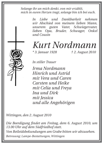 Traueranzeige von Kurt Nordmann von ALLGEMEINE ZEITUNG UELZEN
