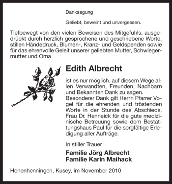 Traueranzeige von Edith Albrecht von ALLGEMEINE ZEITUNG UELZEN