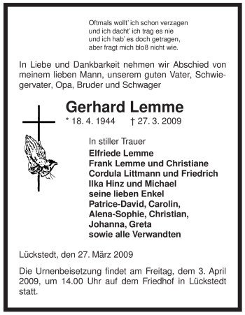 Traueranzeige von Gerhard Lemme von ALLGEMEINE ZEITUNG UELZEN