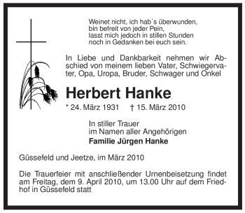 Traueranzeige von Hernert Hanke von ALLGEMEINE ZEITUNG UELZEN