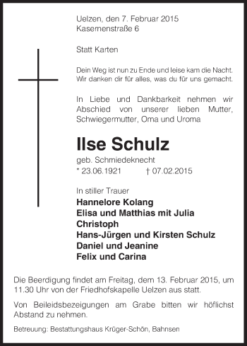Traueranzeige von Ilse Schulz von Uelzen