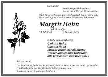 Traueranzeige von Margrit Hahn von ALLGEMEINE ZEITUNG UELZEN