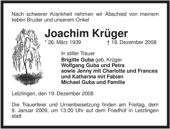 Traueranzeige von Joachim Krüger von ALLGEMEINE ZEITUNG UELZEN