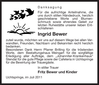 Traueranzeige von Ingrid Bewer von ALLGEMEINE ZEITUNG UELZEN