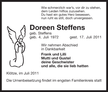 Traueranzeige von Doreen Steffens von ALLGEMEINE ZEITUNG UELZEN