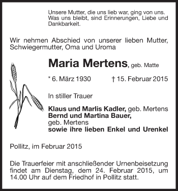 Traueranzeige von Maria Mertens von Uelzen