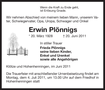 Traueranzeige von Erwin Plönnigs von ALLGEMEINE ZEITUNG UELZEN