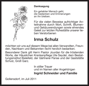 Traueranzeige von Irma Schulz von ALLGEMEINE ZEITUNG UELZEN