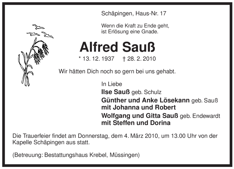  Traueranzeige für Alfred Sauß vom 02.03.2010 aus ALLGEMEINE ZEITUNG UELZEN