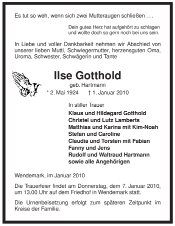 Traueranzeige von Ilse Gotthold von ALLGEMEINE ZEITUNG UELZEN