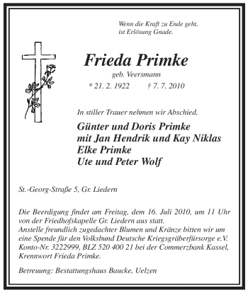 Traueranzeige von Frieda Primke von ALLGEMEINE ZEITUNG UELZEN