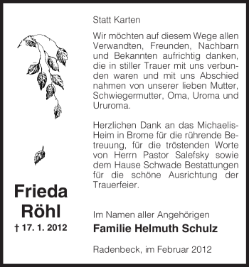 Traueranzeige von Frieda Röhl von ALLGEMEINE ZEITUNG UELZEN