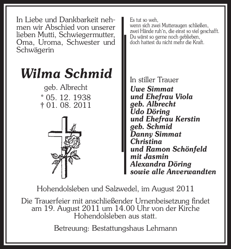  Traueranzeige für Wilma Schmid vom 03.08.2011 aus ALLGEMEINE ZEITUNG UELZEN