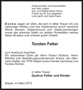 Traueranzeige von Torsten Felter von ALLGEMEINE ZEITUNG UELZEN