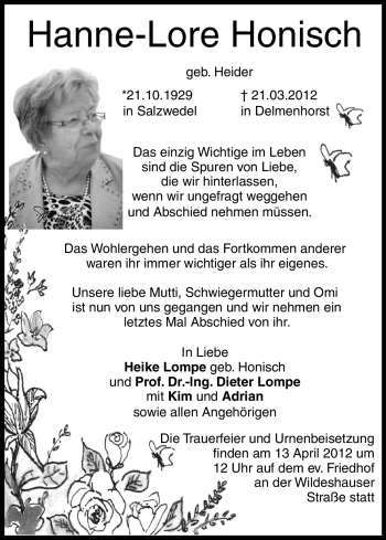 Traueranzeige von Hanne-Lore Honisch von ALLGEMEINE ZEITUNG UELZEN