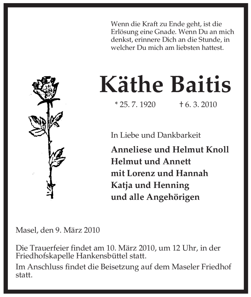  Traueranzeige für Käthe Baitis vom 09.03.2010 aus ALLGEMEINE ZEITUNG UELZEN