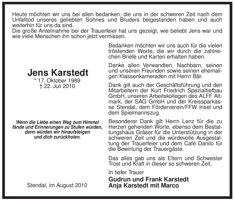  Traueranzeige für Jens Karstedt vom 20.08.2010 aus ALLGEMEINE ZEITUNG UELZEN