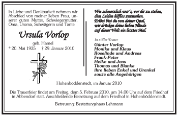 Traueranzeige von Ursula Vorlop von ALLGEMEINE ZEITUNG UELZEN